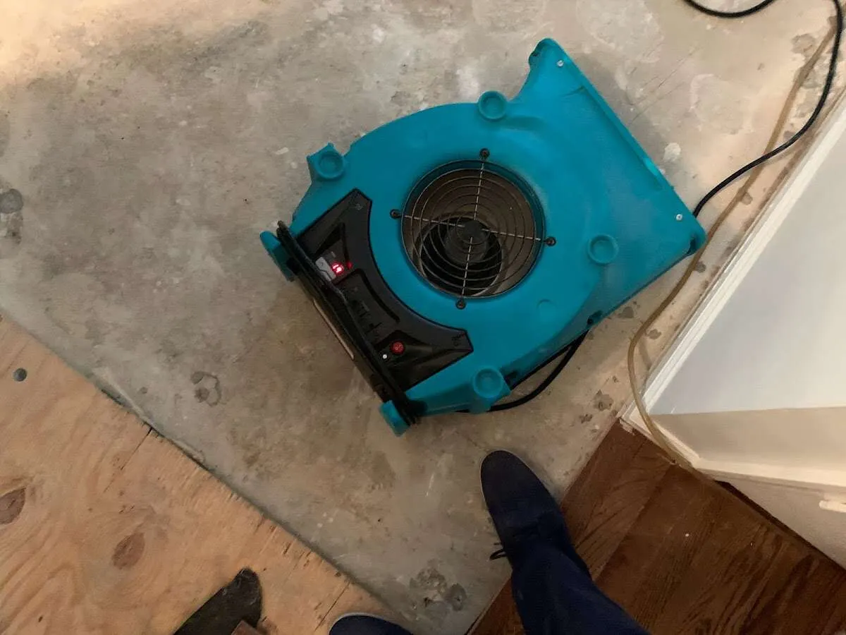Air mover drying subfloor during Commercial Water Damage Restoration in Battlement Mesa